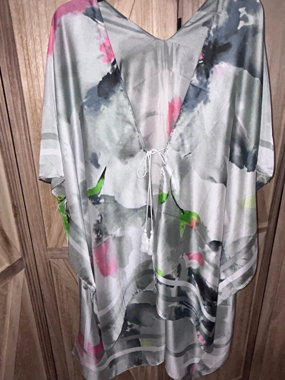 Pretty Persuasions Silver-Gray Satin Tunic with Pink & Green Accents